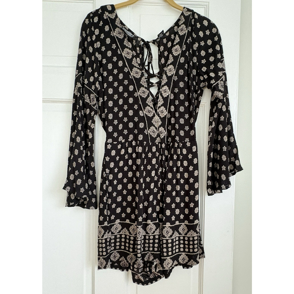 Angie Boho Bell Sleeve Lace-Up Romper Tribal Print Hippie Chic 100% Rayon | S